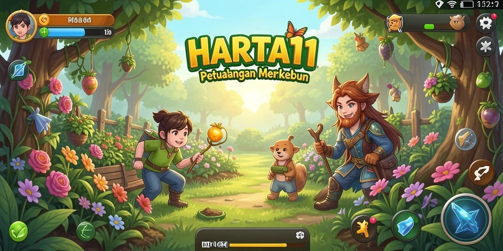 Tangkapan layar utama HARTA11 menampilkan aktivitas berkebun yang seru.
