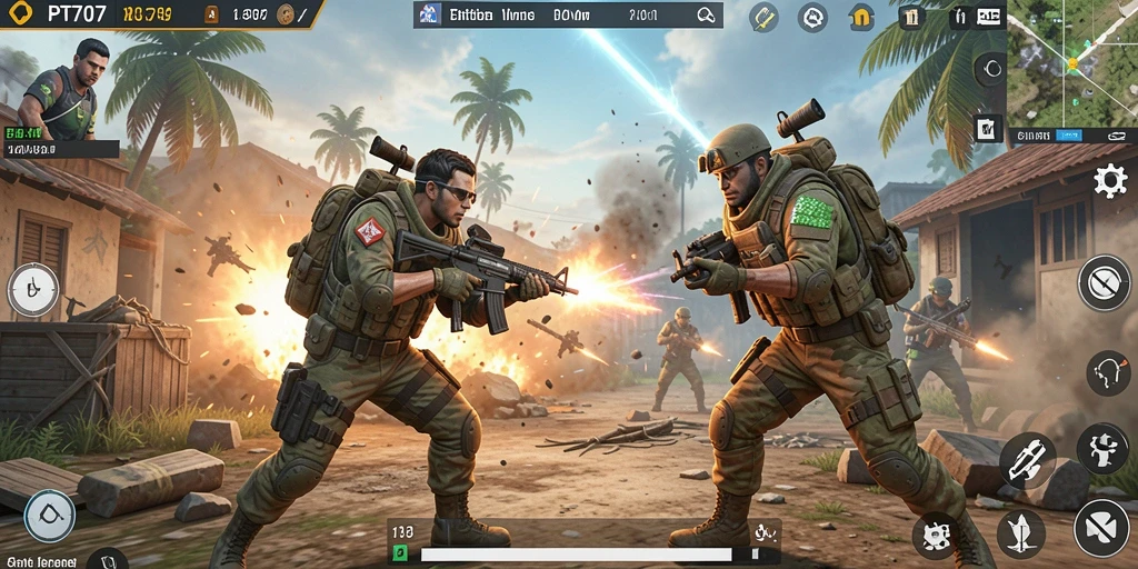 Screenshot PT707 menunjukkan pertempuran intens dalam dunia Battle Royale.