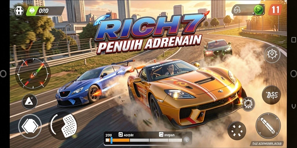 Tangkapan layar gameplay RICH7 yang menunjukkan balapan seru di trek yang menantang.