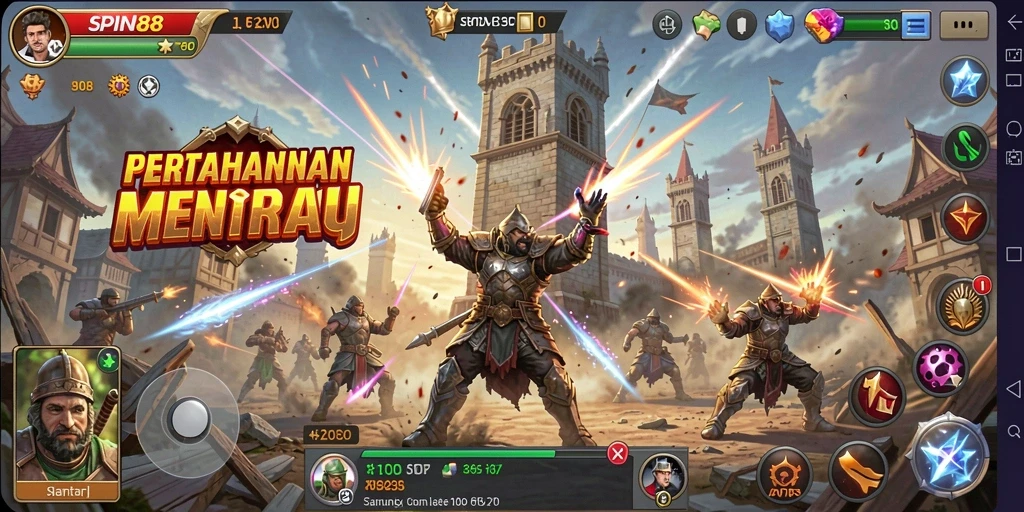 Tampilan gameplay menegangkan saat mempertahankan menara dari serangan musuh.